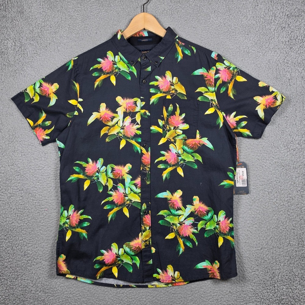 Roark Shirt Mens Size Large Black Floral La Selva Scholar Button Up Linen Blend